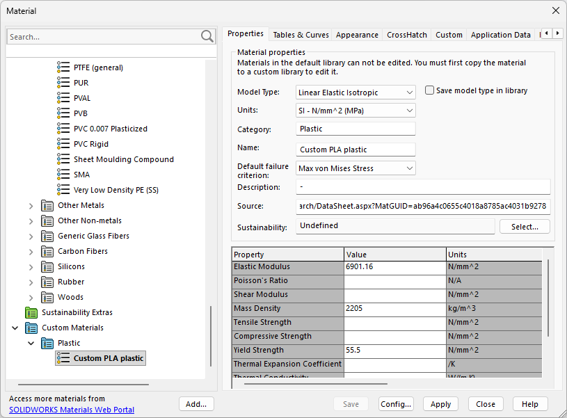 SolidWorks Custom Material Page